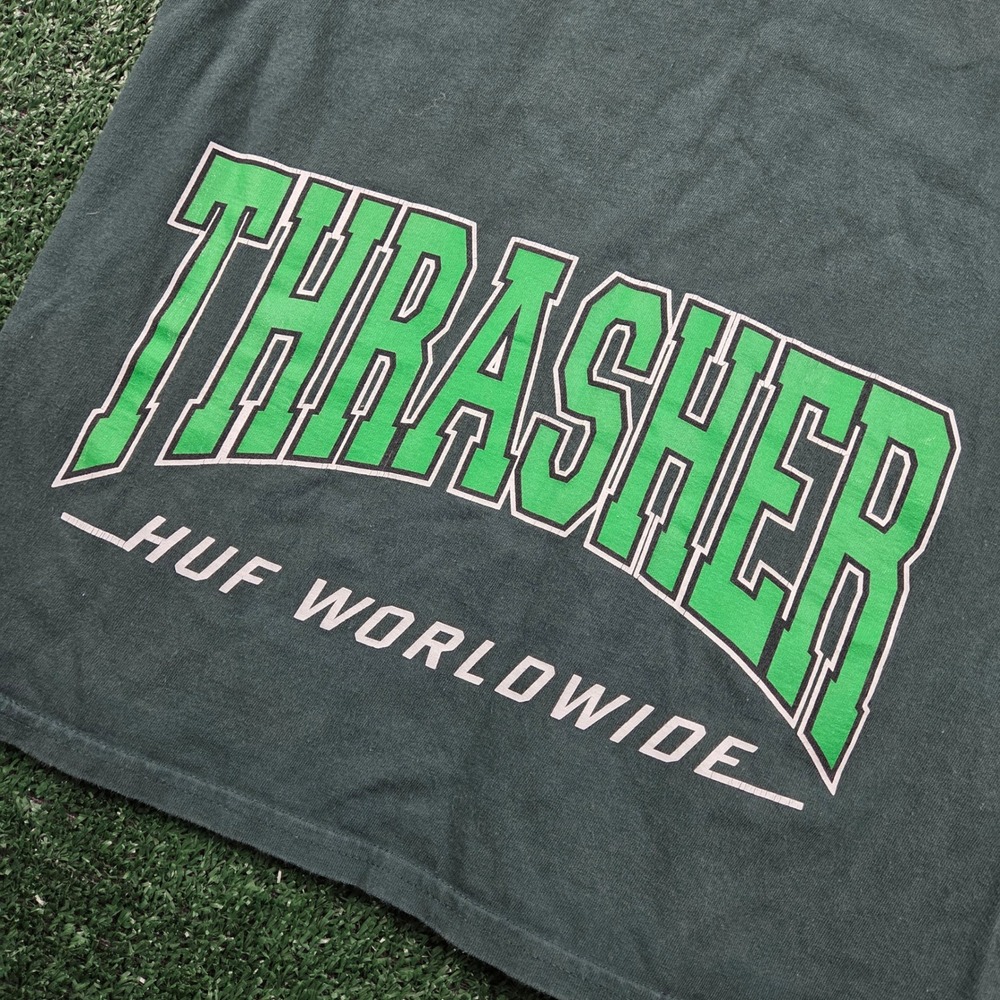 HUF x Thrasher Mens Green Graphic T-Shirt Short Sleeve Skateboarding Size M